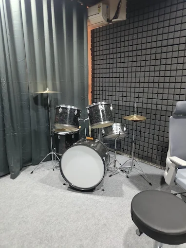 Drum kit inside the acoustically treated studio